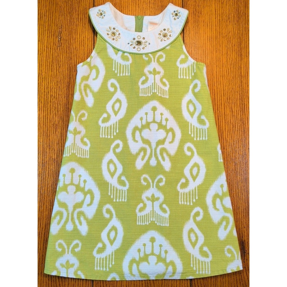Gymboree Girls Aztec Print Green Dress Batik Summer Size 6 100% Cotton Jewels
